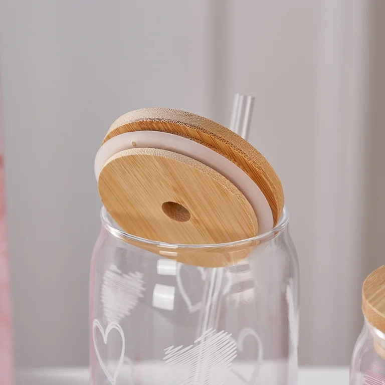 Mainstays Glass 20 oz Can Sipper Pink and White Heart, 2 Pack | Walmart (US)