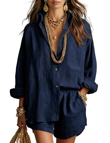 Gozoloma Women's 2 Piece Cotton Linen Set Adjustable 3/4 Sleeve Button Down Shirt & Shorts with P... | Amazon (US)