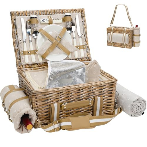 G GOOD GAIN Picnic Basket for 2-19Pcs Wicker Picnic Set with Waterproof Blanket & Wine Bag| Large Picnic Hamper with Insulated Cooler & Cutlery Kit for Couples Camping,White Flower | Amazon (US)
