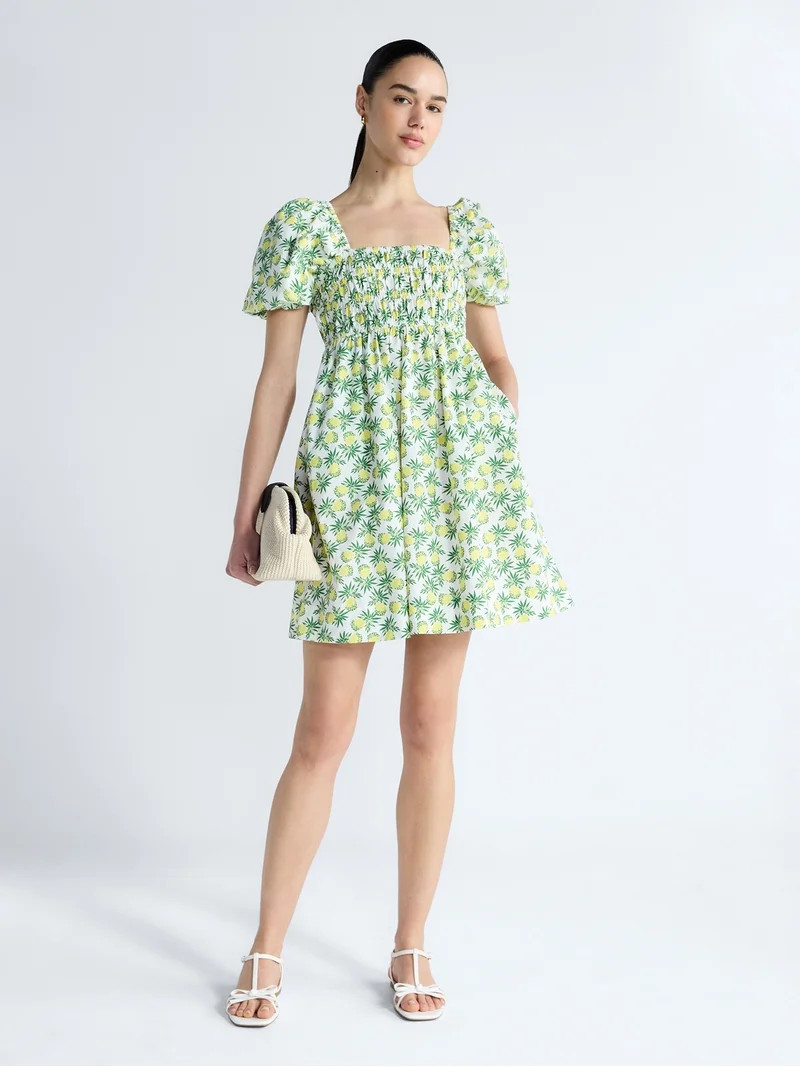 Free Assembly Women's and Women's Plus Smocked Cotton Peasant Mini Dress with Puff Sleeves, Sizes... | Walmart (US)