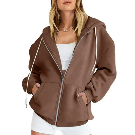 LLYwey Zip Front Hoodies for Women Gifts Women s Fashion Casual Color Zip Hood Long Sleeve Pocket Jacket Blouse New Zip Up Hoodie Women Plus Size Hoodie Style U245 Brown XL | Walmart (US)