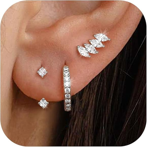 MILACOLATO 3-4 Pairs 925 Sterling Silver Earrings for Women, Dainty 14K Gold Plated Stud Hoop Ear... | Amazon (US)