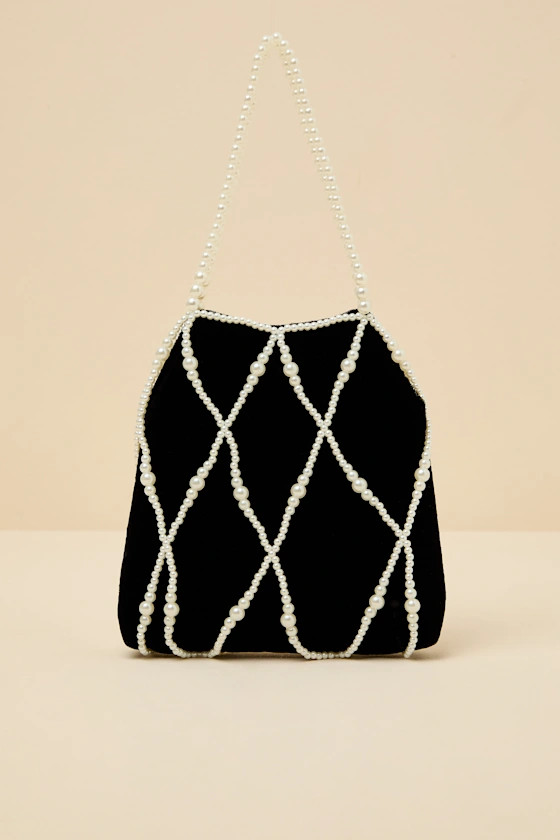 Gloria Black Velvet Pearl Pouch Handbag | Lulus