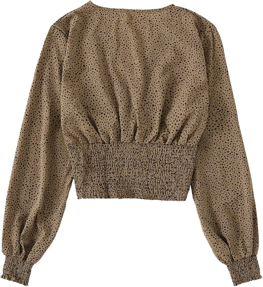 LYANER Women's V Neck Shirred Polka Dots Long Sleeve Frill Crop Blouse Shirt Tops | Amazon (US)