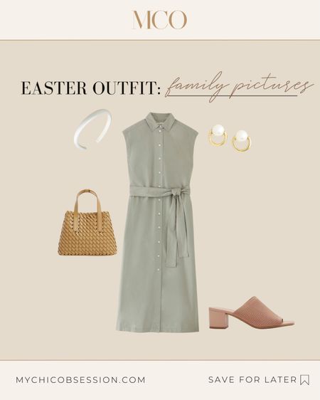 Style an elegant look for family photos with this sage shirt dress. Add a woven handbag, gold and pearl earrings, and a headband to elevate the look. Mule slides complete the outfit. 

#LTKstyletip #LTKSeasonal
