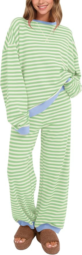 Ythomm Womens 2 Piece Striped Lounge Sets Oversized Sweatshirt Matching Set Long Sleeve Tops Wide... | Amazon (US)
