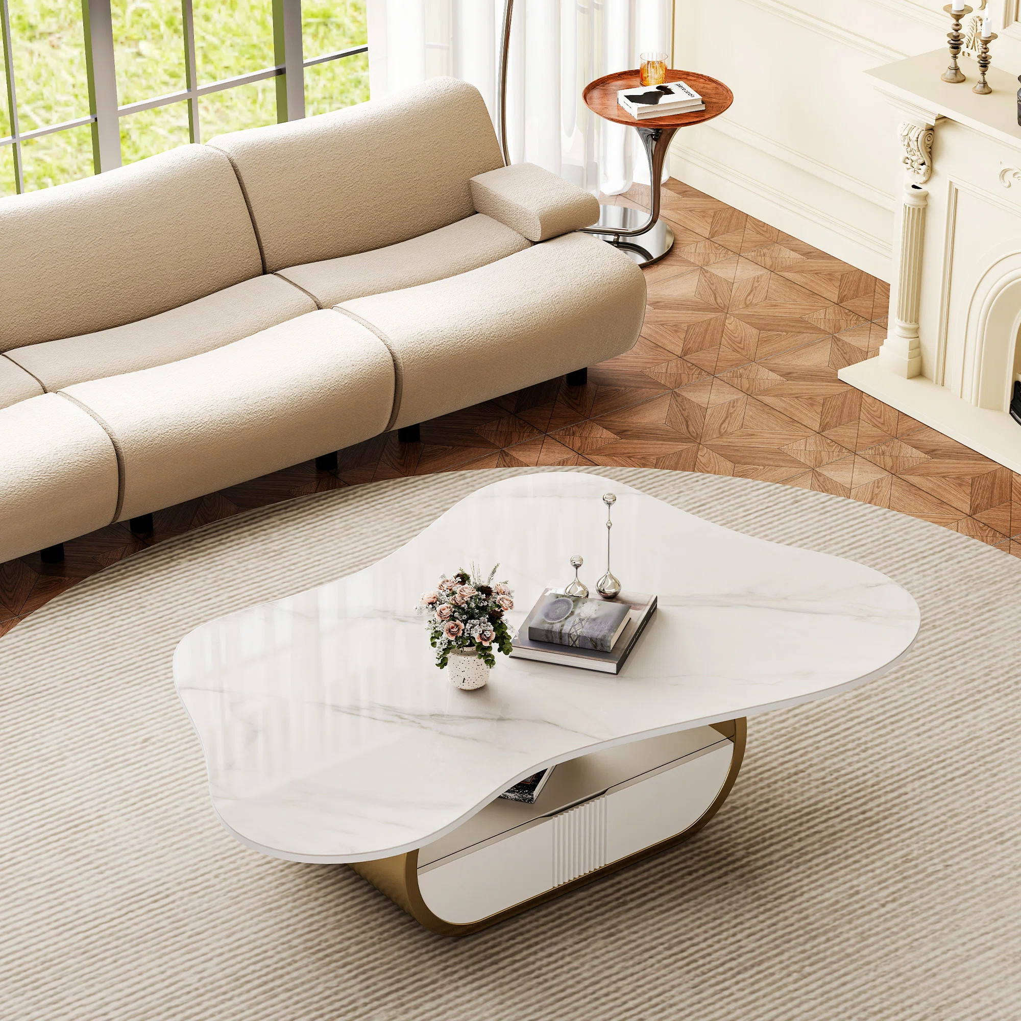 41.7" Cold Coffee Table With Abstract Shaped Design, Faux Marble Stainless Steel Base Coffee Tabl... | Wayfair North America
