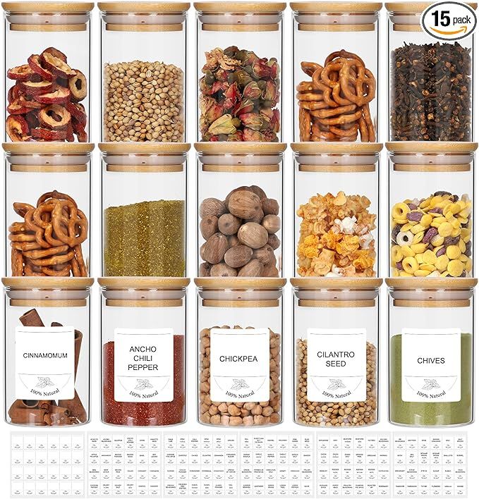 STARSIDE 8 oz Glass Jars with Bamboo Lids,Set of 15 Empty Spice Jars with Labels,Glass Seasoning ... | Amazon (US)
