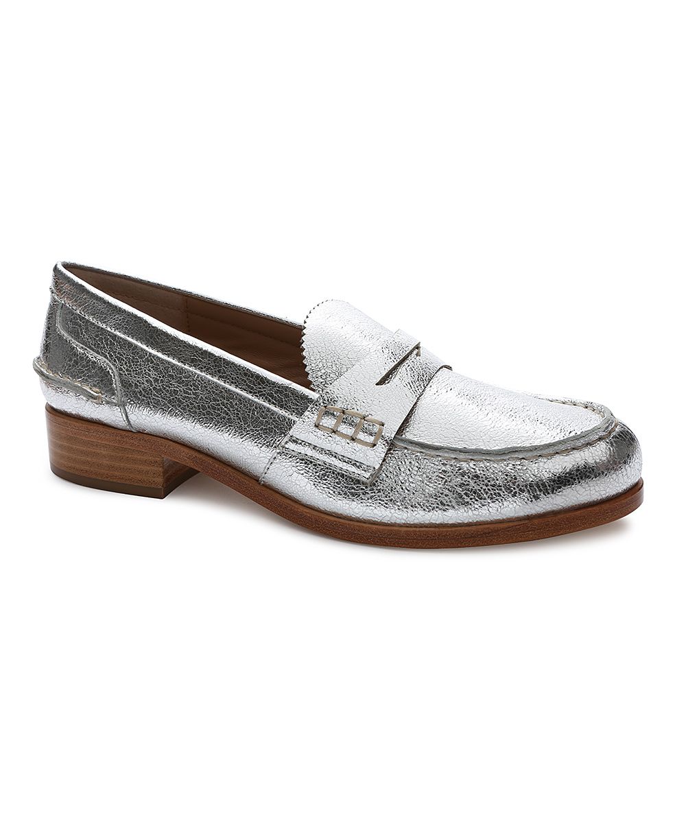 True Ivy Women's Loafers Silver - Silver Crackle Ava Luxe Leather Penny Loafer - Women | Zulily