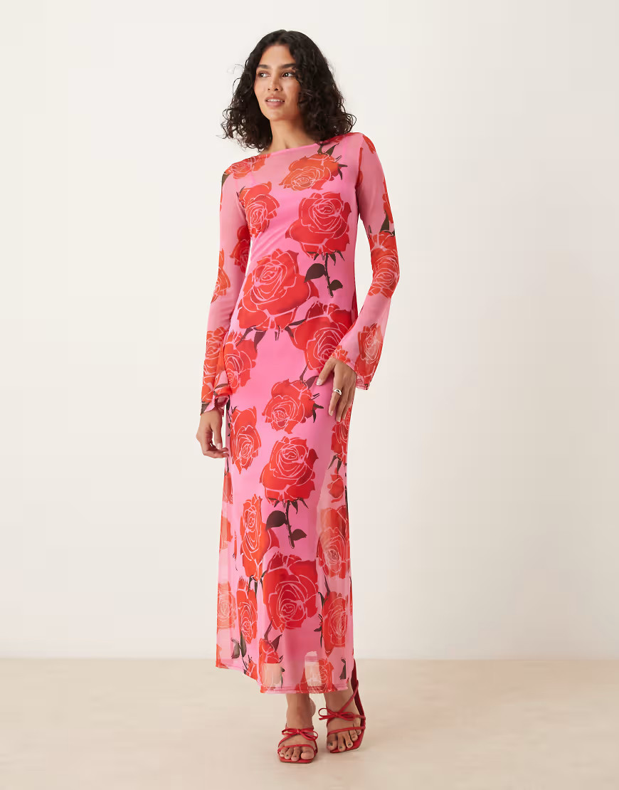 Never Fully Dressed long sleeve mesh midaxi dress in pink and red-Multi | ASOS (Global)