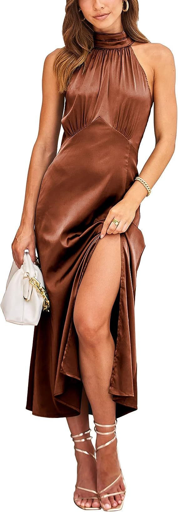 BTFBM Women Elegant Sleeveless Summer Dresses 2023 Halter Neck Backless Satin Dresses Split Solid... | Amazon (US)