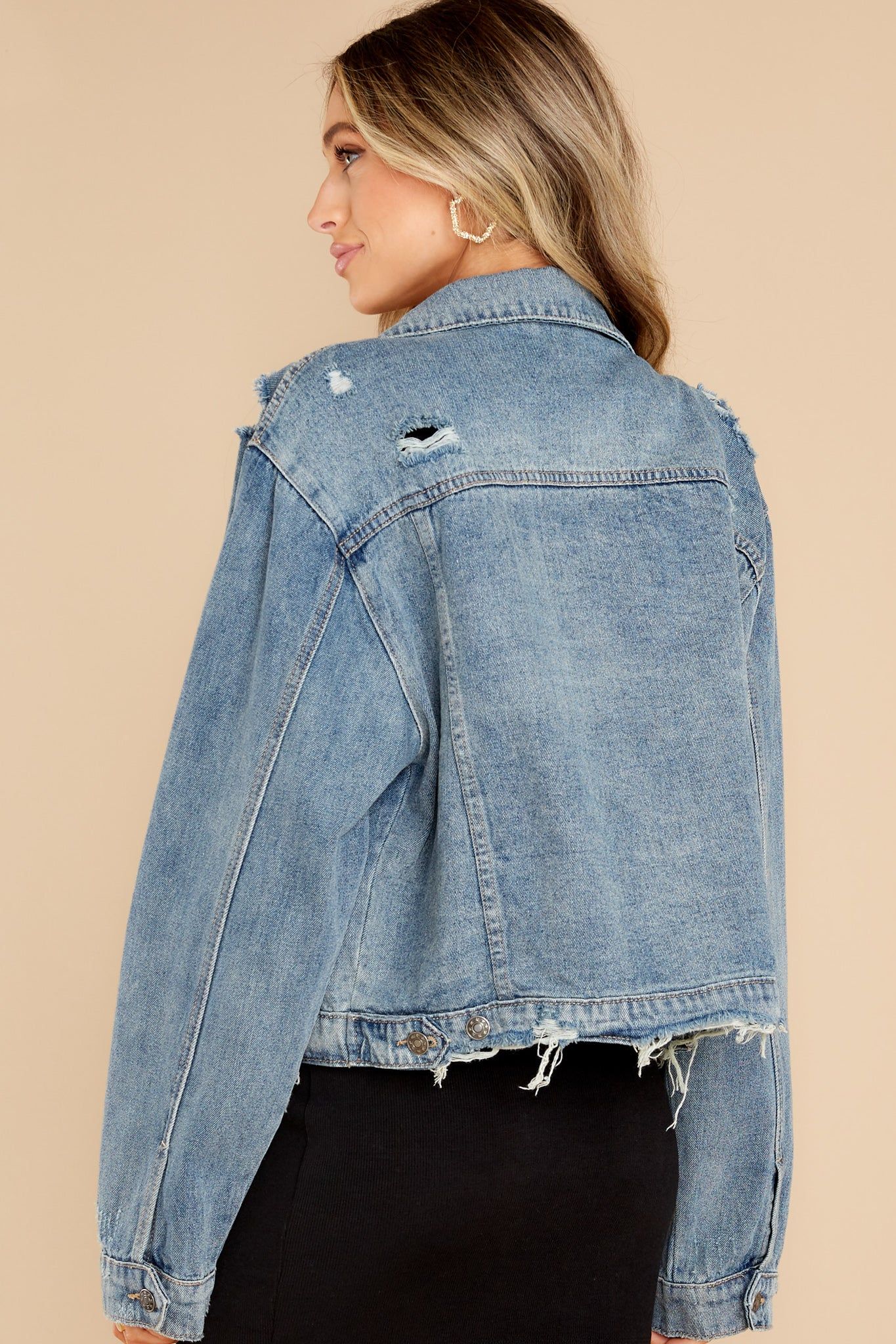 About Town Medium Wash Distressed Denim Jacket | Red Dress 