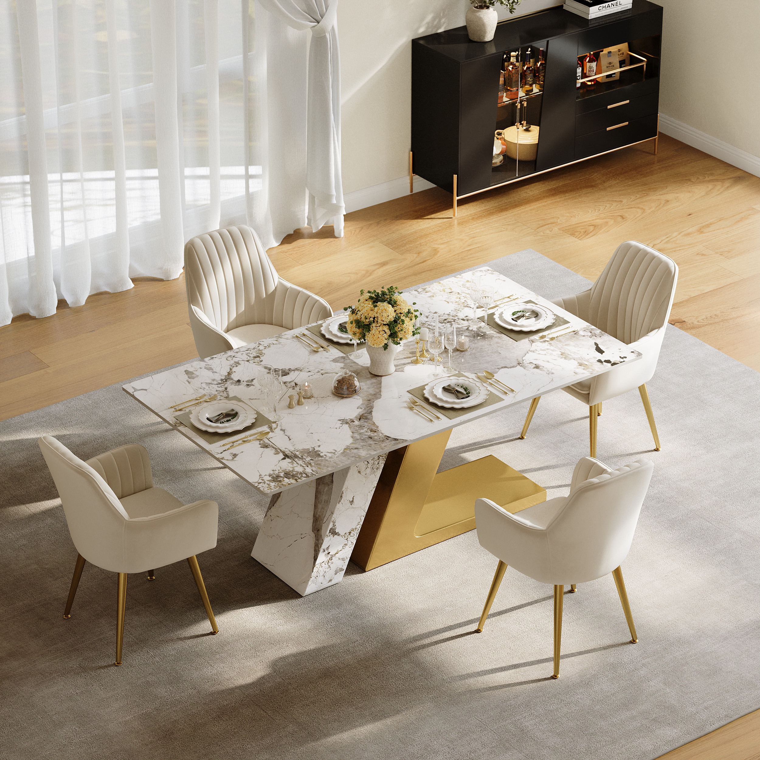 63" Rectangle Modern Sintered Stone Top Dining Table for 6 Stainless Steel Base in Gold | Homary