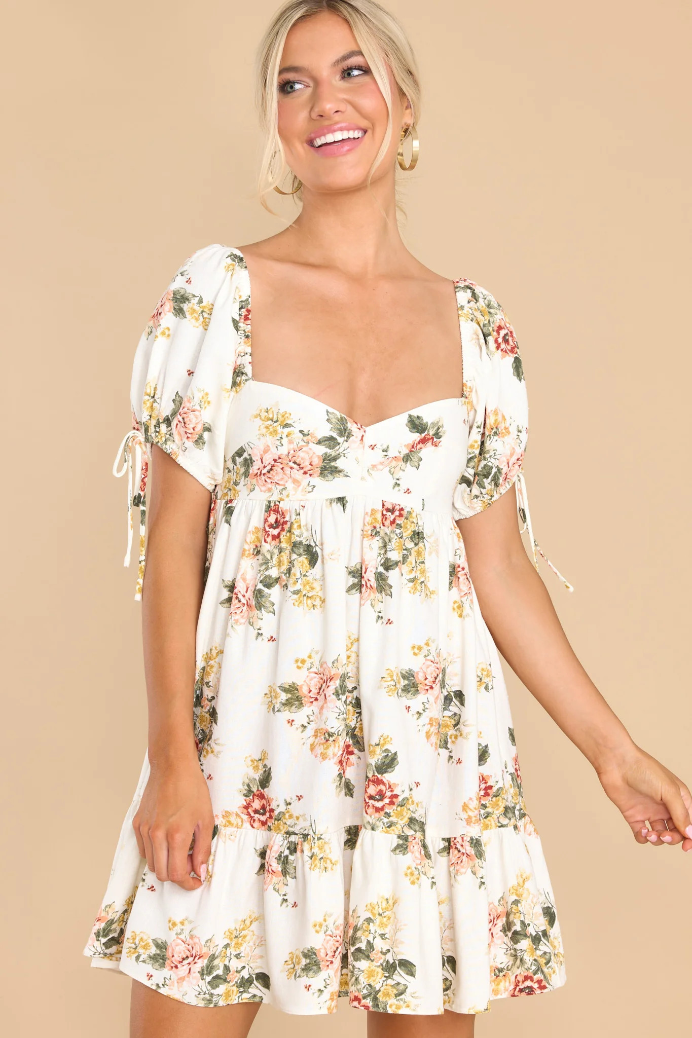 Garden Charm Off White Floral Print Dress | Red Dress 