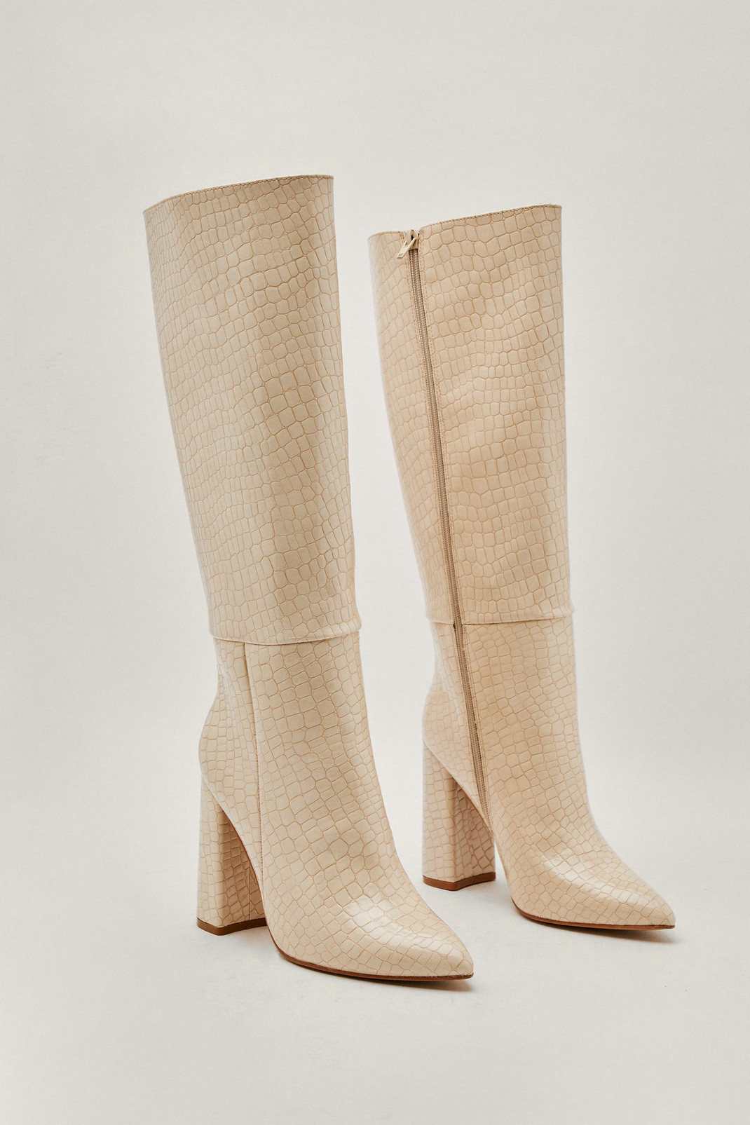 Faux Leather Croc Knee High Pointed Boots | Nasty Gal (US)
