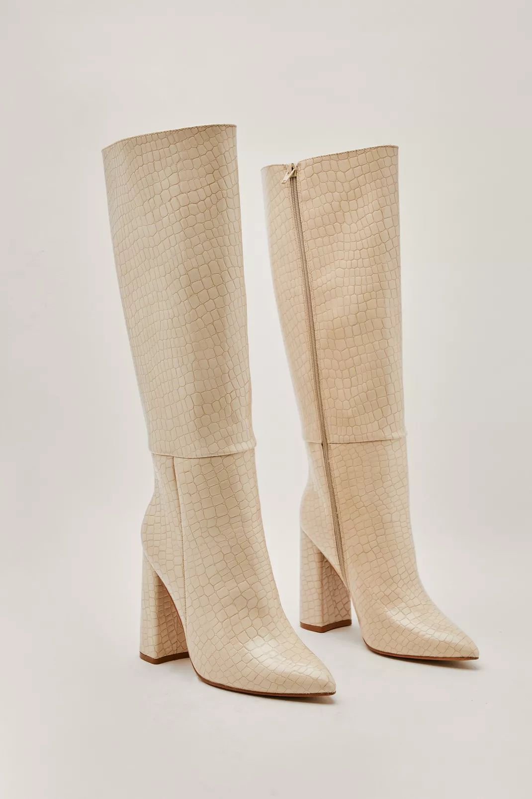 Faux Leather Croc Knee High Pointed Boots | Nasty Gal (US)