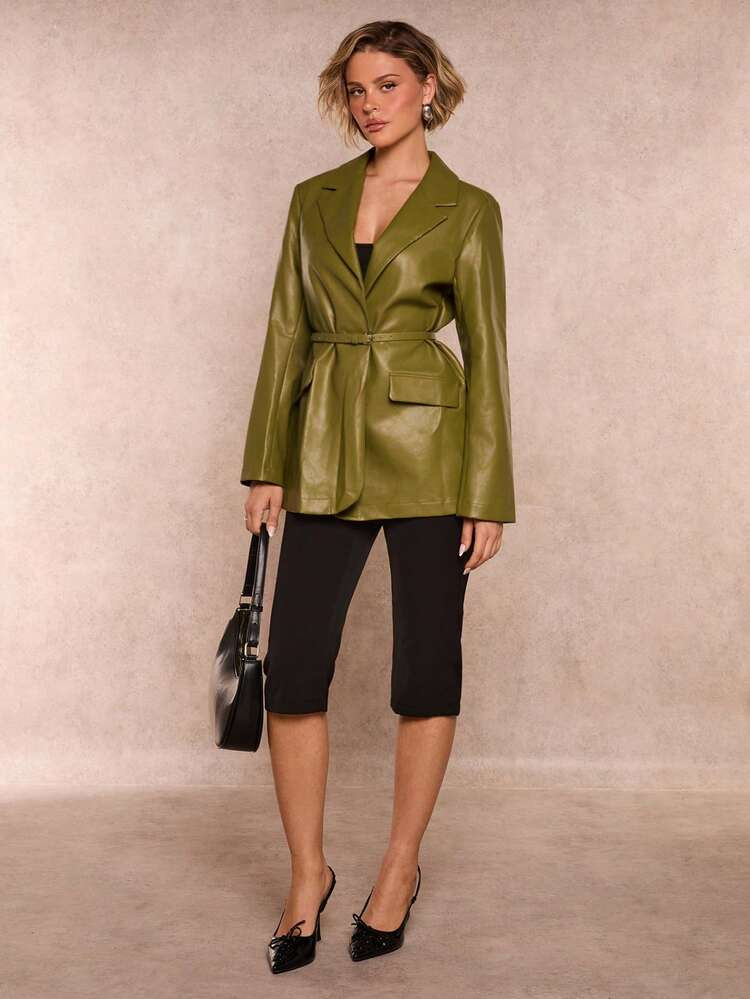 SHEIN Glamour Glamour Women's PU Leather Casual Retro Loose-Fitting Suit Blazer, Long-Sleeved Top, Solid Light Green Long-Sleeved Loose-Fitting Suit Collar Mustard Green Blazer, With Belt, Loose-Fitting Suit Blazer For Women | SHEIN