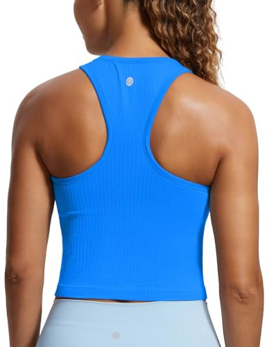 CRZ YOGA Womens Seamless Ribbed Longline High Neck Sports Bra - Racerback Padded Slim Fit Crop Tank Top with Built in Pads Sparkle Blue XX-Small | Amazon (US)