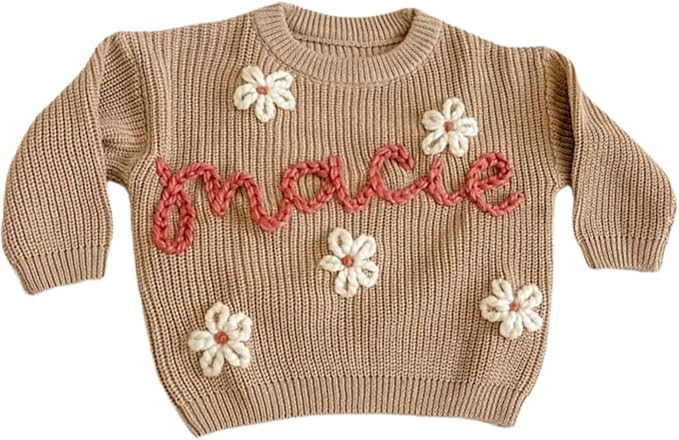 Personalized Baby Embroider Floral Sweater Crewneck, Custom Name Knit Oversized Jumper Sweaters P... | Amazon (US)