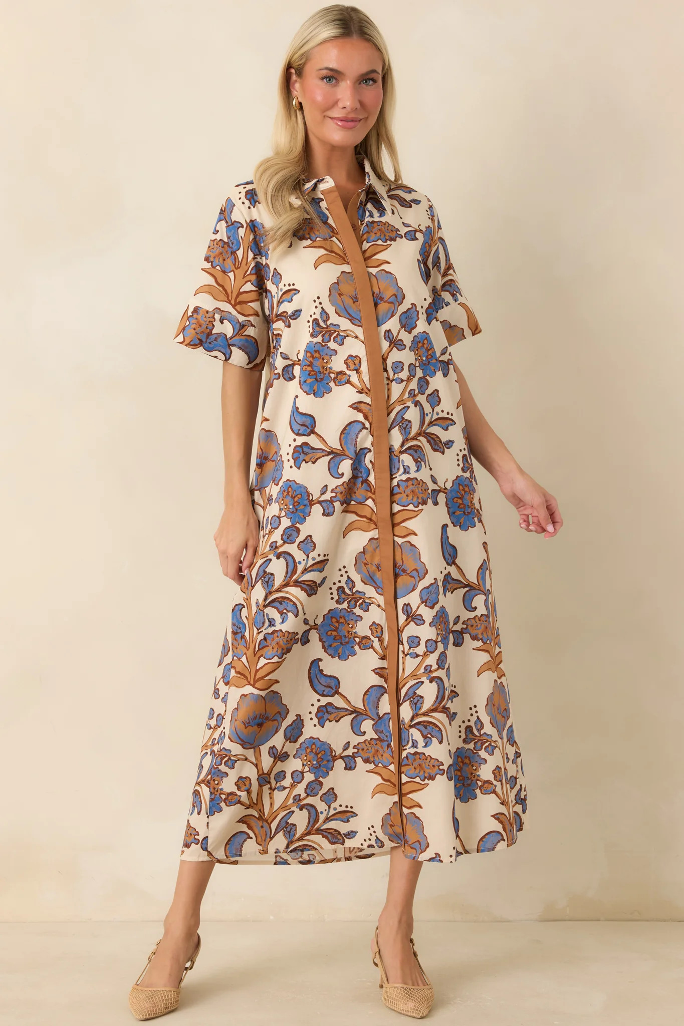 Collected Along the Way Tan & Blue Floral Midi Shirt Dress | Red Dress