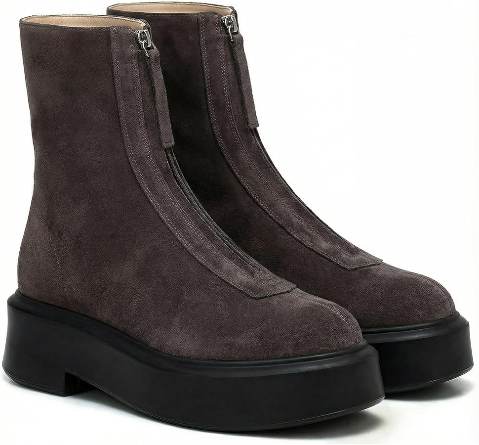 Women's Platform Ankle Boots Chunky Chelsea Short Fall Booties Front Zipper Combat Leather Boot | Amazon (US)