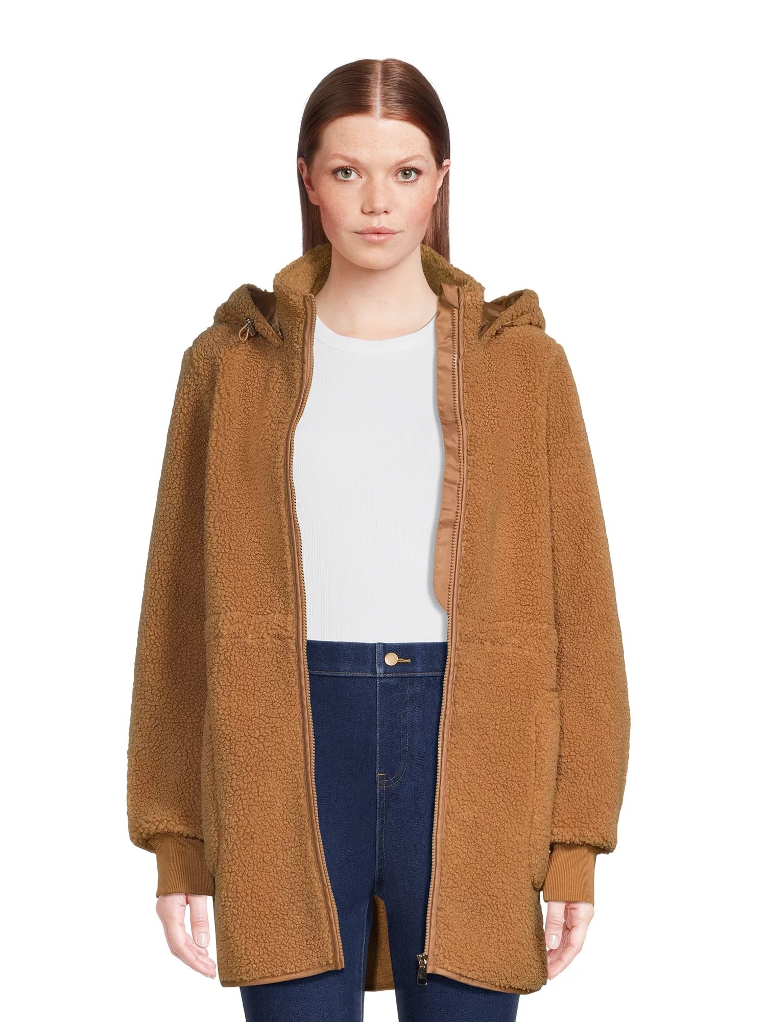 Time and True Women’s Faux Sherpa Jacket with Hood, Sizes S-2X | Walmart (US)
