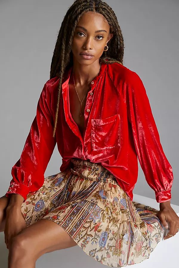 Pilcro Puff-Sleeved Velvet Buttondown By Pilcro in Red Size XXS | Anthropologie (US)