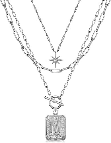 MJartoria Layered Initial Necklaces for Women Trendy, 14K Gold Plated Simple Star Choker Square L... | Amazon (US)