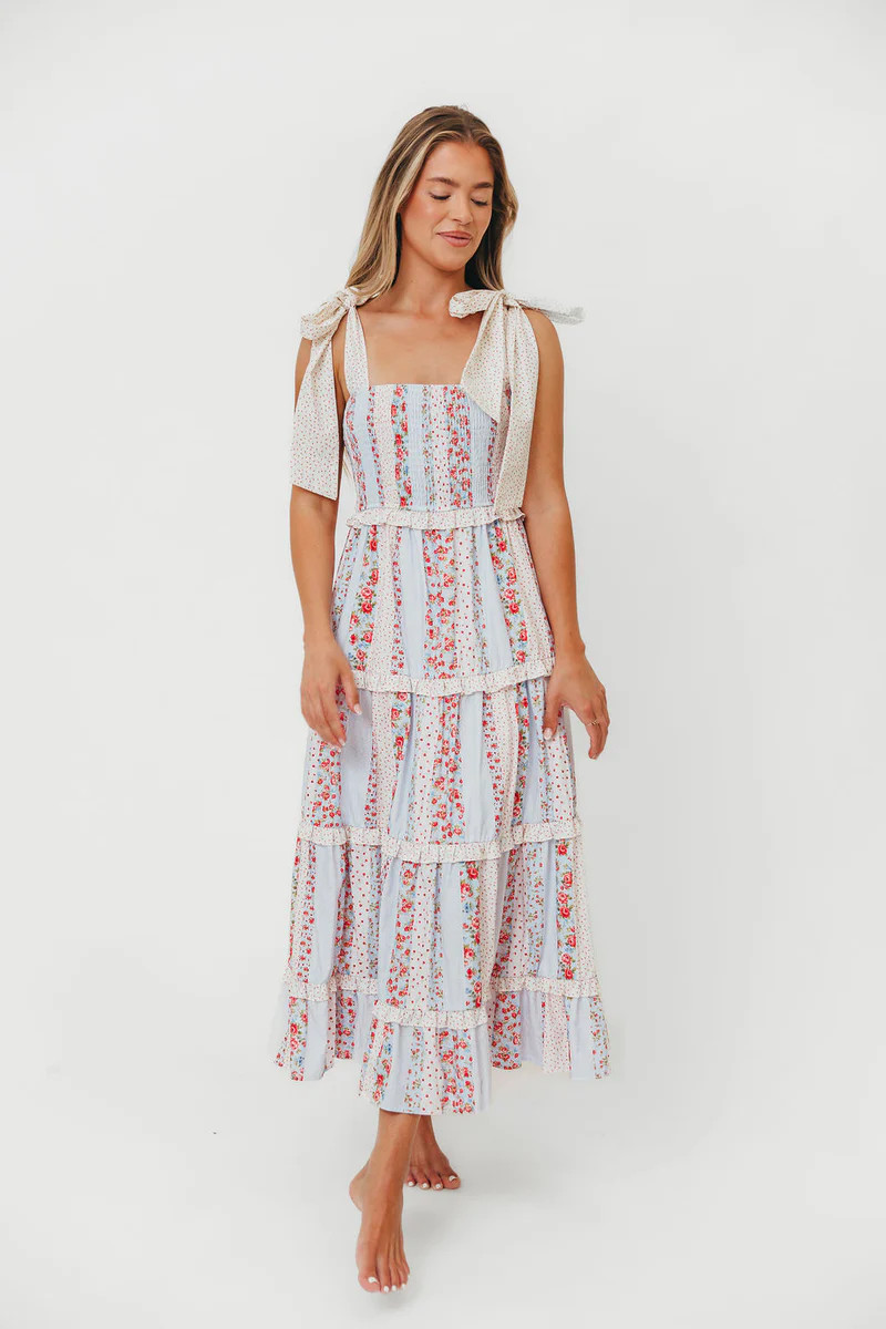 Maley Cotton Poplin Multi Floral Maxi Dress with Tie Straps in Blue | Worth Collective