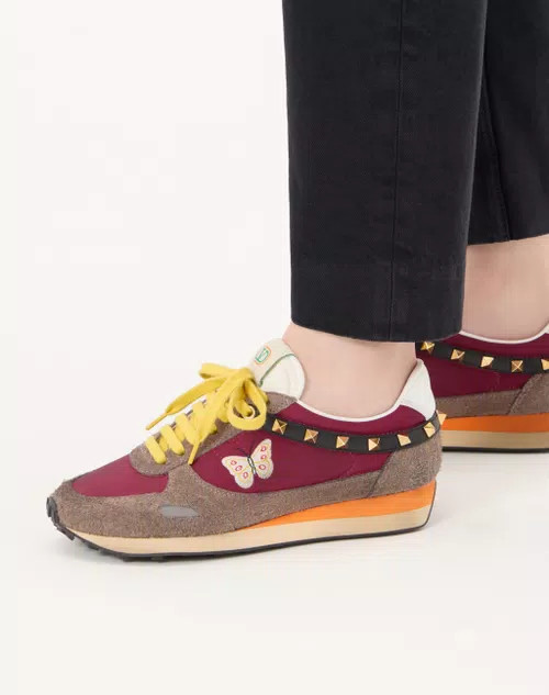Stud Up Sneaker in Split Leather and Nylon with Butterfly Embroidery | Valentino