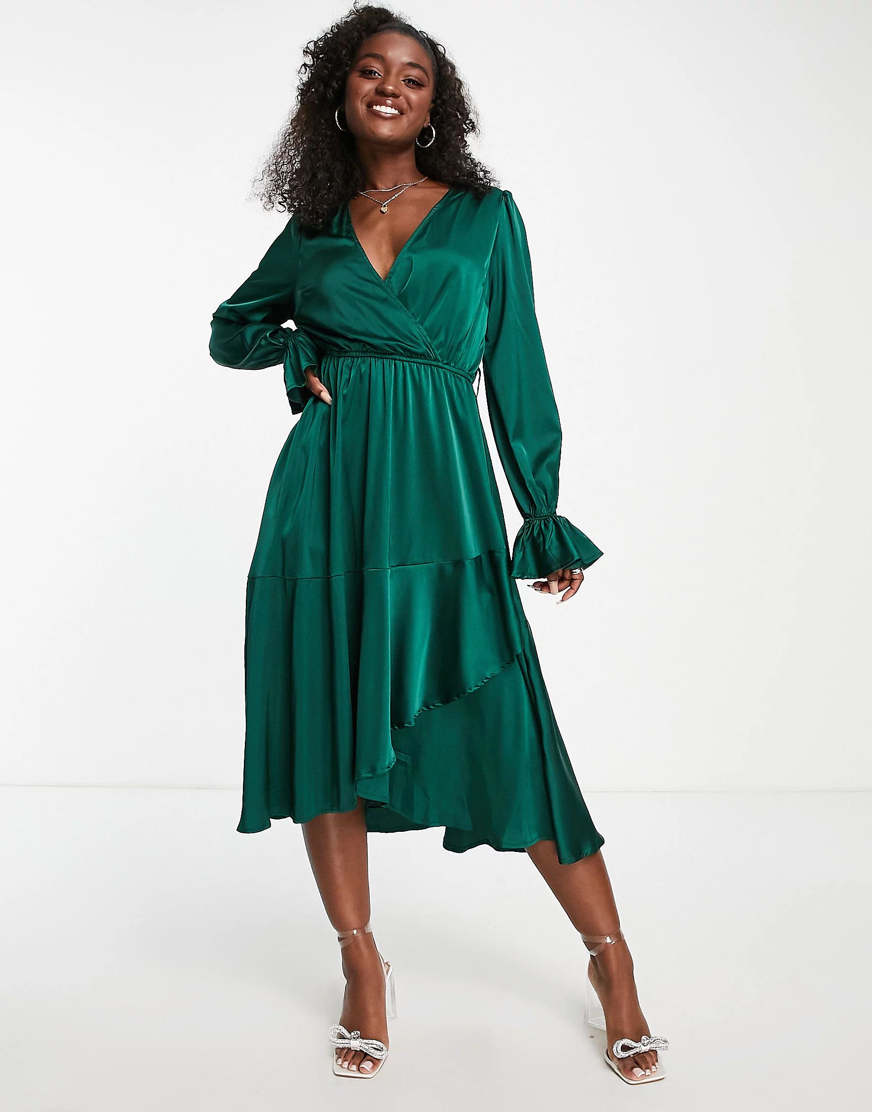 In The Style Exclusive satin wrap detail midi dress in emerald green | ASOS (Global)