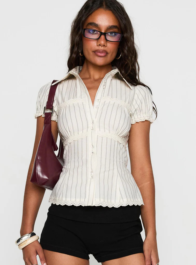 Deserve You Puff Sleeve Button Front Top Cream Stripe | Princess Polly AU