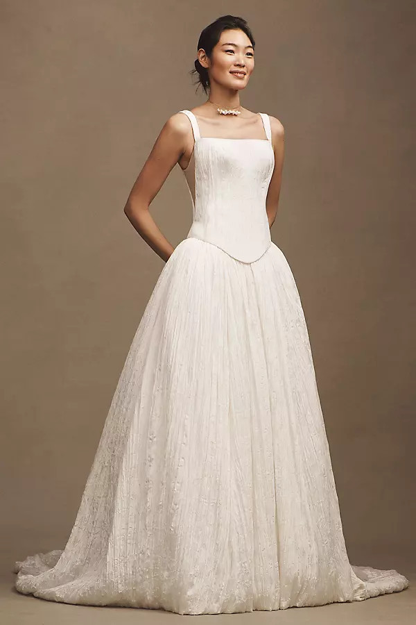 Jenny Yoo Aria Crinkled Habotai Corset Basque-Waist A-Line Wedding Gown | Anthropologie (US)