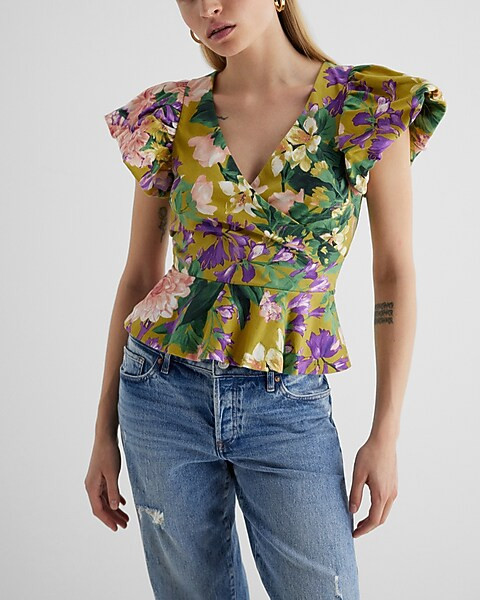 Floral V-Neck Flutter Sleeve Wrap Peplum Top | Express