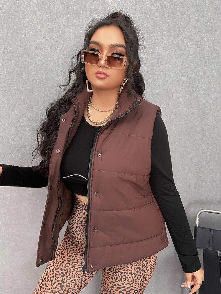 Plus Zip Up Snap Button Puffer Vest Coat | SHEIN