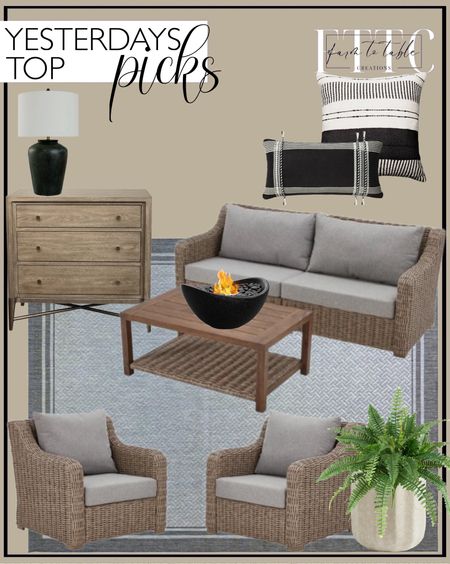 Yesterday’s Top Picks. Follow @farmtotablecreations on Instagram for more inspiration.

Better Homes & Gardens Bellamy 4 Piece Patio Conversation Set. Regan Metal Nightstand. Modern Rustic Fluted Outdoor Planters. Nearly Natural 40" Plastic/Polyester Boston Fern Artificial Plant (Set of 2). Daveney Concrete Table Lamp. 12"x27" Twists and Tassels Rectangular Outdoor Lumbar Pillow Black/White - Threshold. 18"x18" Stripes and Dashes Square Outdoor Throw Pillow Black/Ivory - Threshold. Vizayo Tabletop Fire Pit for Patio. Gertmenian Paseo Soroa Modern Border Black White Outdoor Area Rug, 8x10. Outdoor Furniture. Memorial Day Sale. 



#LTKFindsUnder50 #LTKHome #LTKSaleAlert