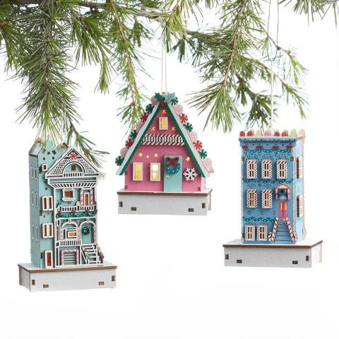 Laser Cut Wood Sugarplum LED Light Up Ornaments Set Of 3 | World Market