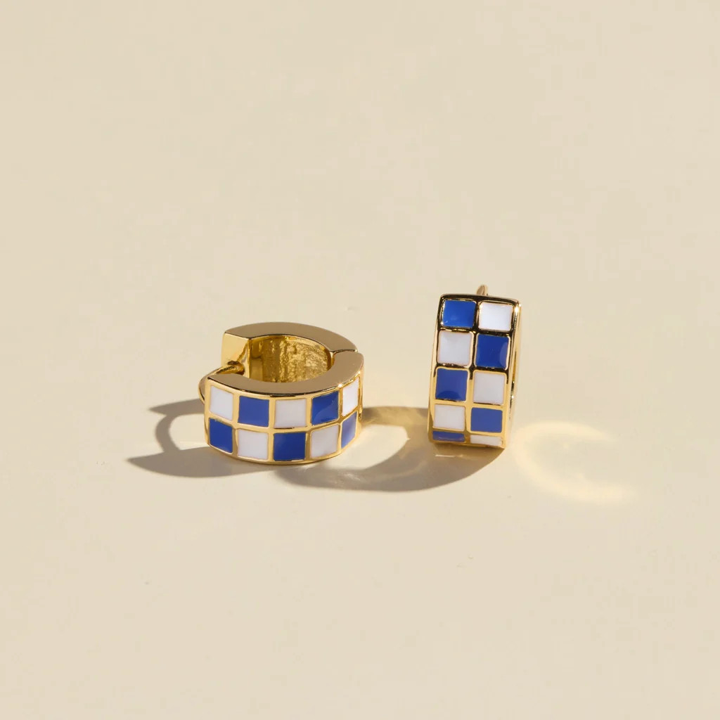 Blue & White Checkered Enamel Huggies | Nickel and Suede