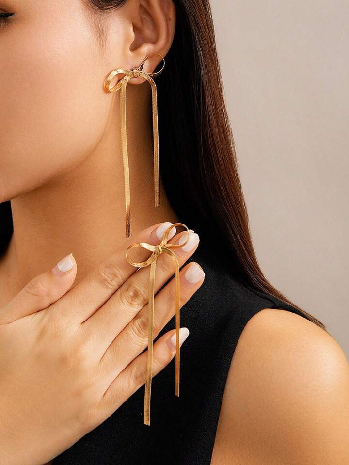2pcs/Set Bow Earring Copper Metal Knot Ribbon Women's Earring With A Unique And Uncommon Design | SHEIN