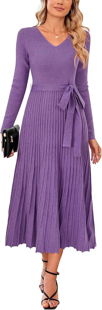 Arach&Cloz 2024 Fall Wool Blended Womens Long Sleeve V Neck Tie Waist Pleated A Line Ribbed Knit ... | Amazon (US)