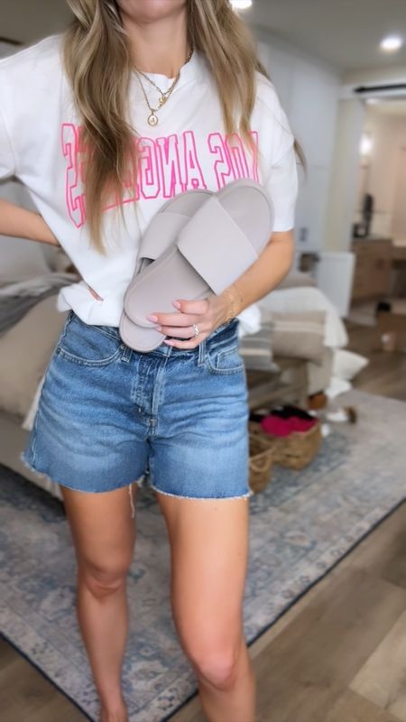 Easy casual spring outfit! My tee and shorts are on sale! The shorts are a baggy fit I got size 0. Tee is super oversized wearing xsmall
Cropped sweatshirt I sized up to medium

Best slide sandals look very similar to the Lululemon slides. I sized down a half size to 7

#LTKsalealert #LTKfindsunder50 #LTKVideo