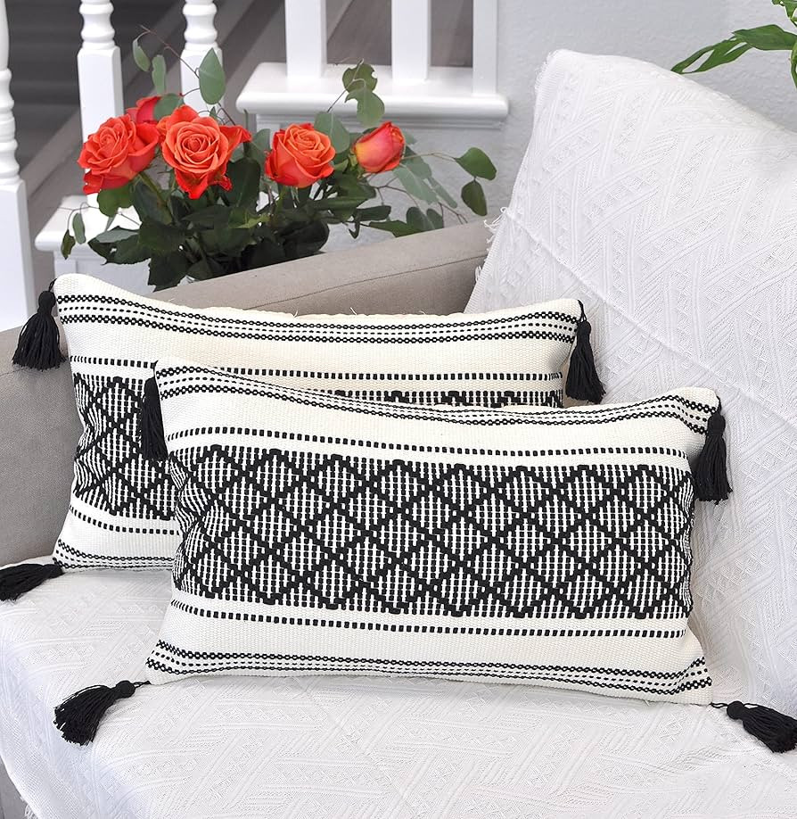 Boho Decorative Lumbar Pillow Covers with Tassels Black and White 12x20 inch -Set of 2 / Small Re... | Amazon (US)