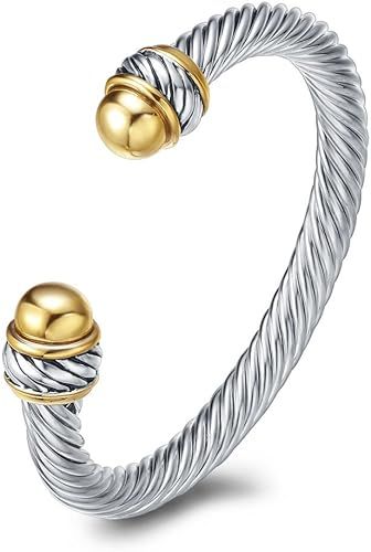 UNY Designer Inspired Bangle Cuff Bracelet in Retro Wire Cable Style Silver Plated with Gold Plat... | Amazon (UK)
