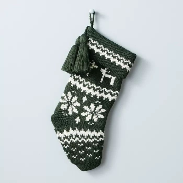 Reindeer & Snowflake Knit Tassels Stocking Dark Green/Cream - Hearth & Hand™ with Magnolia | Target