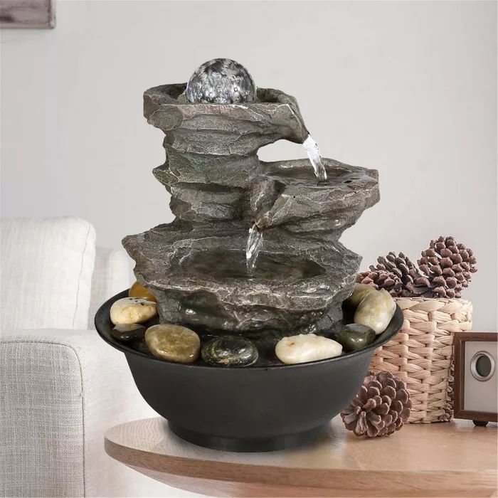 11.4" 3-Tier Rock Fall Tabletop Zen Fountain with Crystal Ball Accent and LED Light - Gray - Watn... | Target
