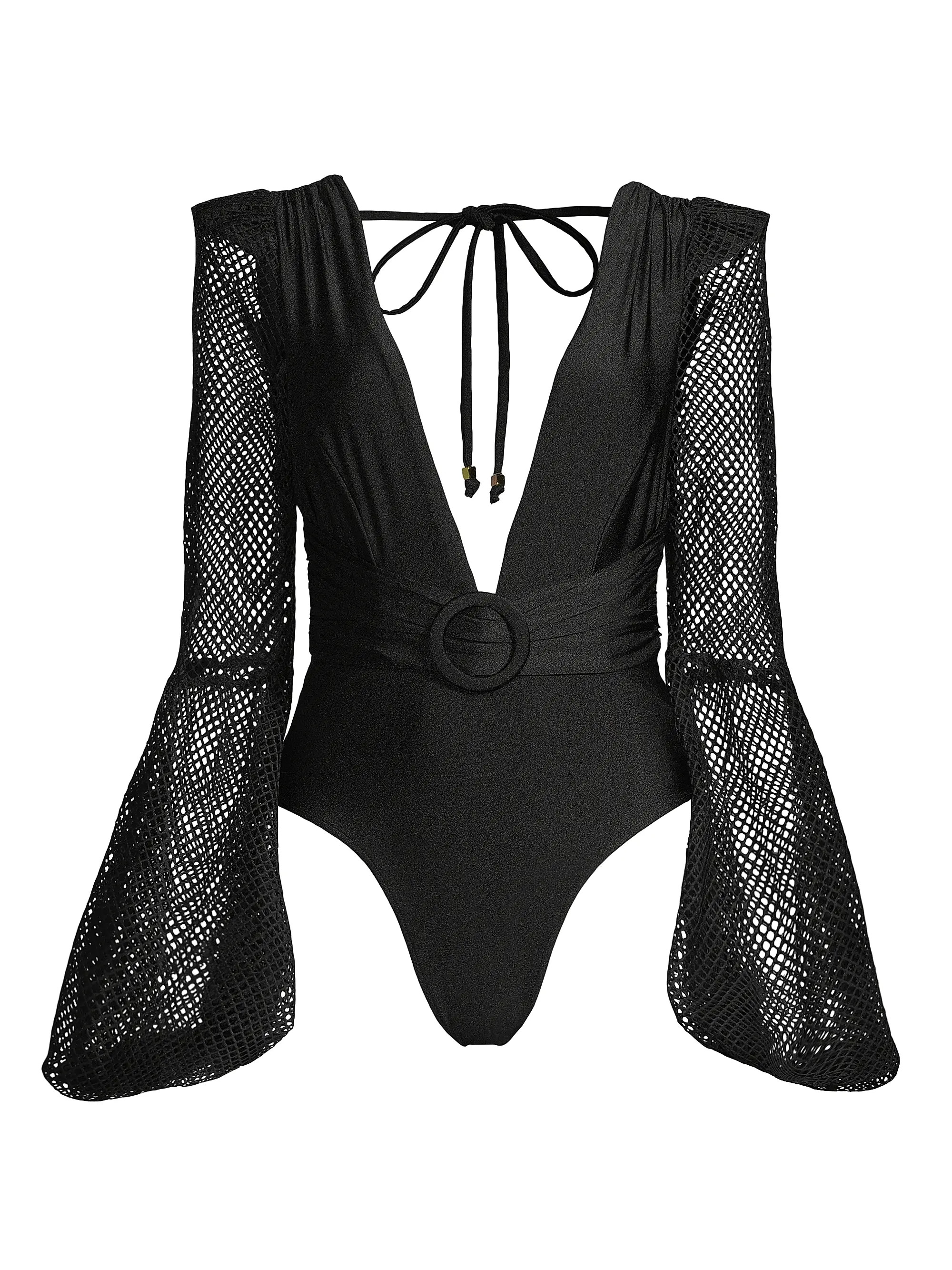 Plunge Fishnet-Sleeve One-Piece Swimsuit | Saks Fifth Avenue