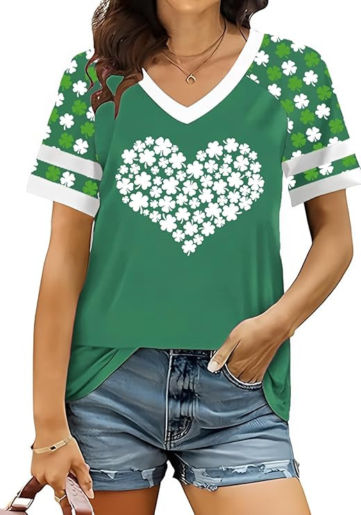 St Patricks Day Shirt Women V Neck Irish Shamrock St Paddys Day Tee Holiday Raglan Short Sleeve T... | Amazon (US)