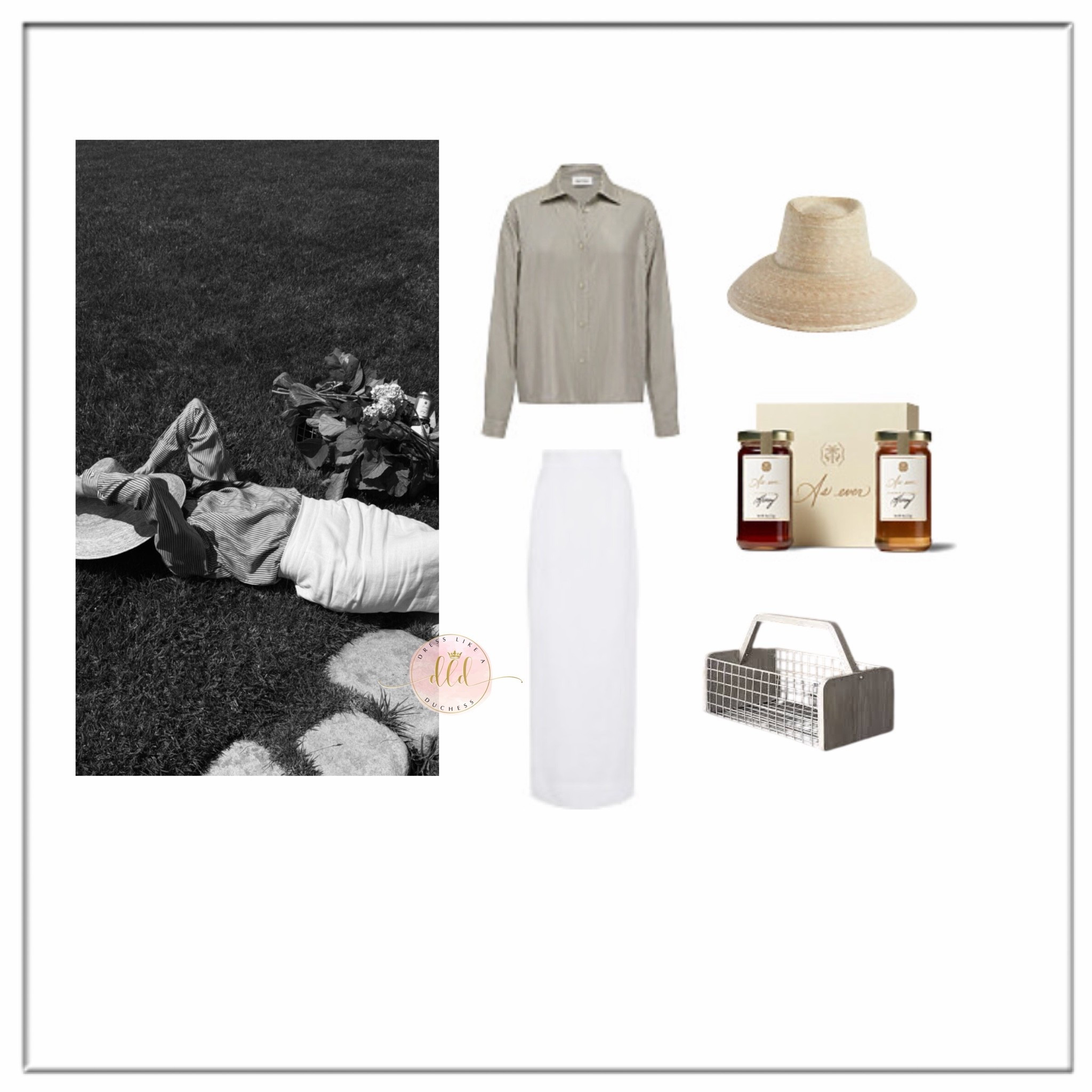 6/9/26 Meghan Markle via Instagram wearing Matteau fine stripe silk shirt + Posse Emma skirt in ivory + Sarah Bray Bermuda Wildflower sun hat + Williams Sonoma Gardening basket