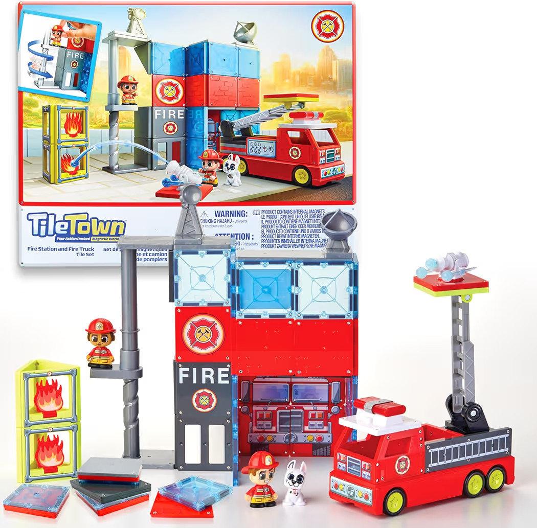 Tile Town Fire Station Magnetic Tiles Set, 66 Piece Kids Magnet Toy, Innovative Action Play Magne... | Amazon (US)