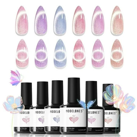 Modelones Holographic Glitter Cat Eye Gel Nail Polish Kit 6 Colors with Magnet Romantic Rainbow Galaxy Series Pastel Gel Polish Soak Off Led Gel Nail Polish Set Nail Art Gel Manicure Salon DIY Gifts | Walmart (US)